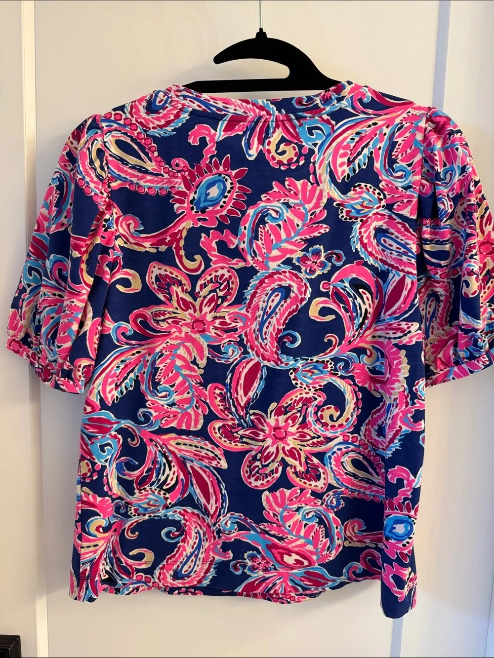 Lilly Pulitzer Navy Floral Puff-Sleeve Top with Pink and Blue Paisley